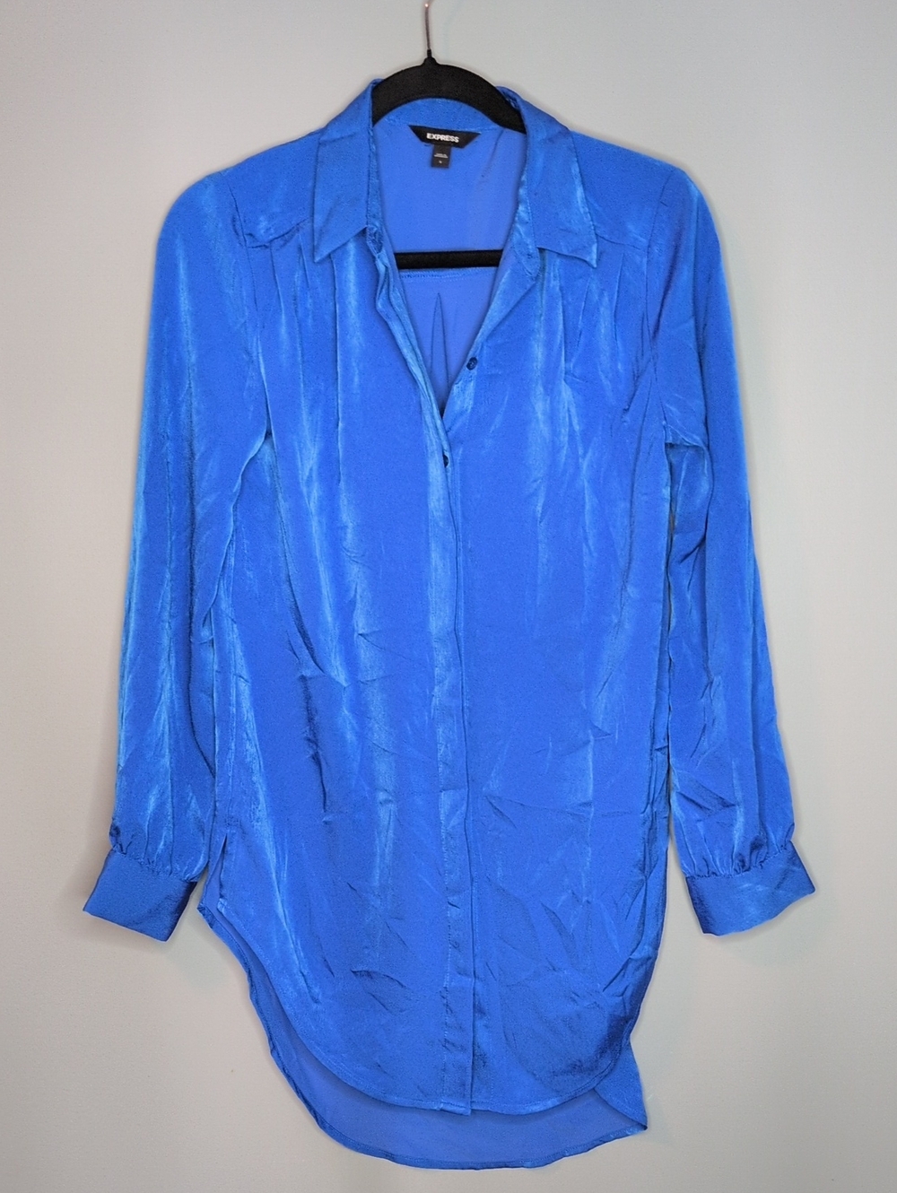 Express Satin Like Button Down Shirt Dress Bright Blue Tunic Size S Small